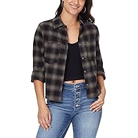 WallFlower Women's Bowery Brushed Cropped Cozy Flannel Boyfriend Trendy Spring, Summer, and Fall Light Button Down Shirt