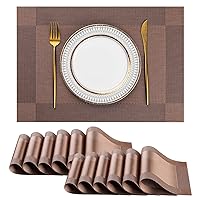 Placemats Set of 12 Washable Indoor/Outdoor Vinyl Place Mats for Dining Table PVC Weave Table Mats(Coffee/Black)