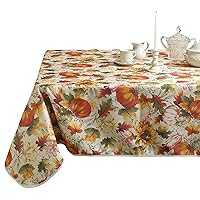 Violet Linen European Fall Harvest Pumpkins and Autumn Leaves Printed Tablecloth - 52