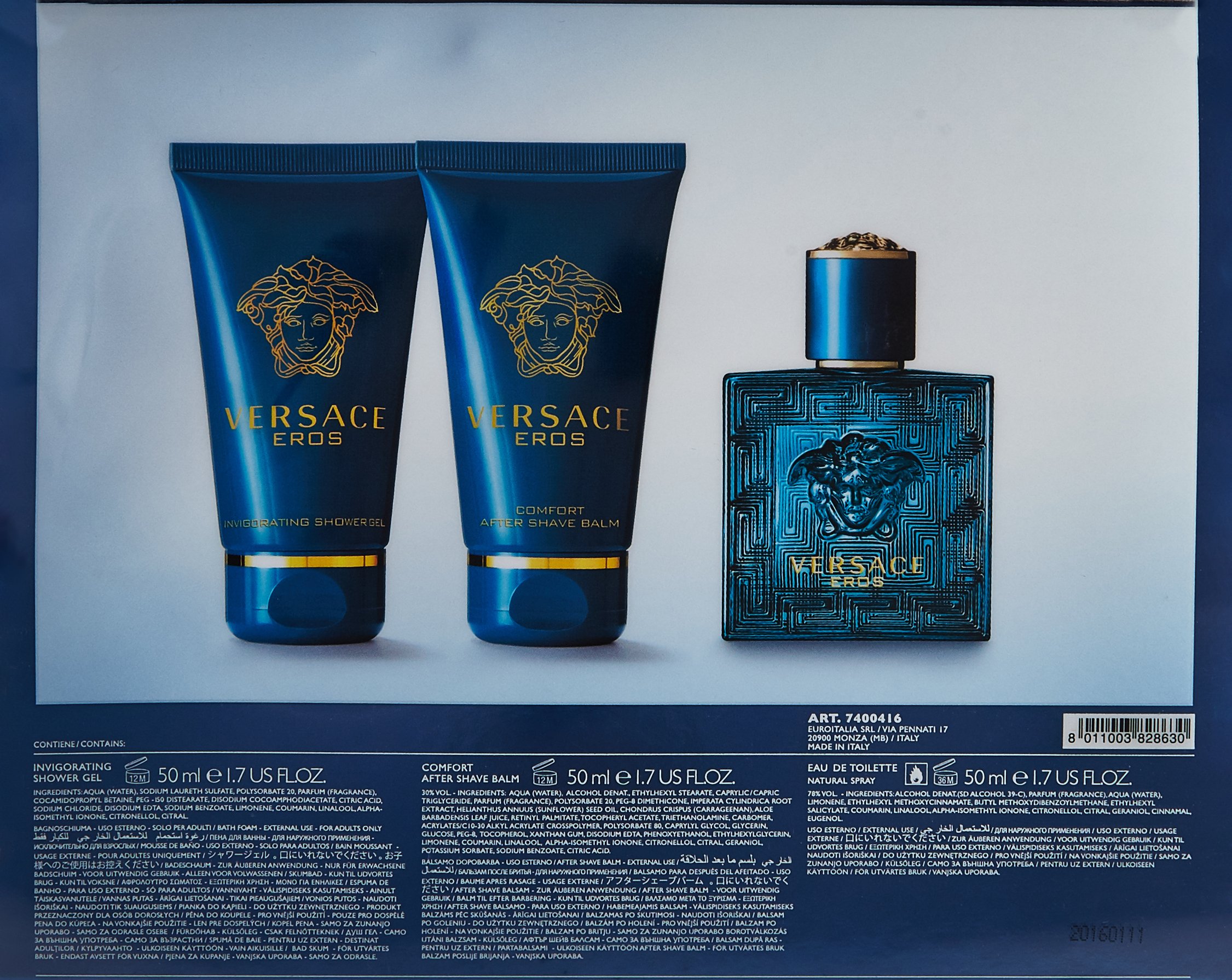 Versace EROS Gift Set for Men 1.7 oz EDT + 1.7 oz Shower Gel + 1.7 oz Aftershave Balm, Combo