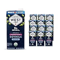 West Life Organic Soy Milk, Unsweetened Plain, Low Sugar, 9g of Protein, Vegan Dairy Alternative, Lactose-Free, Shelf Stable, 32oz (Pack of 12)