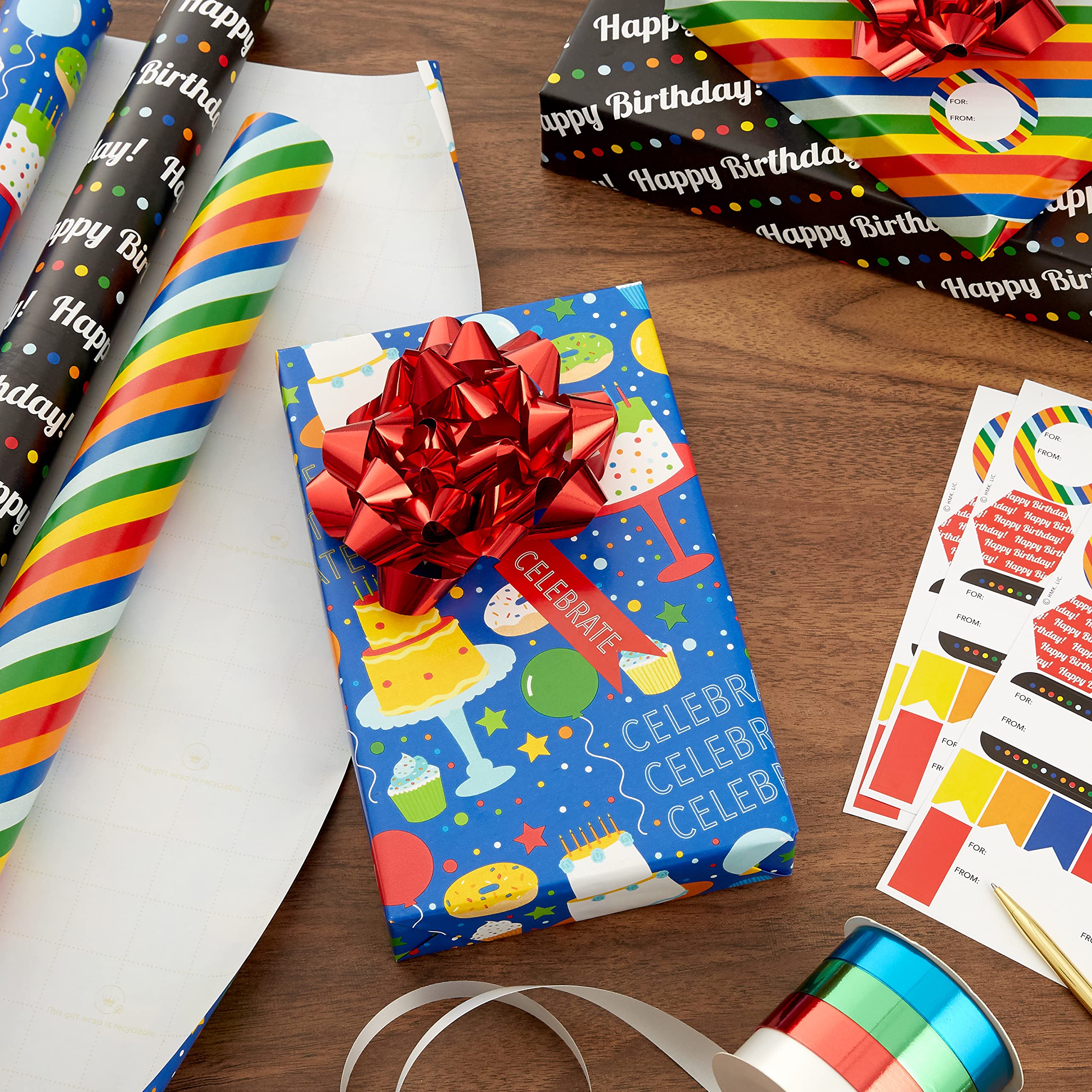 Hallmark Birthday Wrapping Paper Set (3 Rolls: 90 Sq. Ft. Ttl, 10 Bows, Ribbon, Gift Tag Stickers) Rainbow Stripes, Cake, Happy Birthday for Kids and Adults