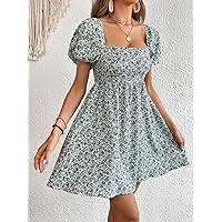Dresses for Women Ditsy Floral Print Square Neck Puff Sleeve Dress (Color : Multicolor, Size : X-Large)