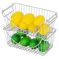 Smart Design Stacking Baskets Organizer w/ Handle - Medium - Steel - for Food, Fruit, & Vegetable Safe - Kitchen (12.63 x 5.5 Inch) [Chrome] (2 Pack)