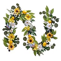 Valery Madelyn Pre-Lit Spring Sunflower Flower Garland for Mantle with Lights, 6 feet Fake Lemon Artificial Floral Vines Hanging Garland Decorations for Rustic Farmhouse Door Table Home Summer Decor