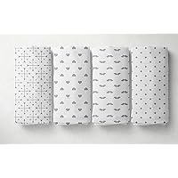 Bacati - 4 Pack Arrows Hearts Mustache Jacks Neutral Baby Swaddle Blanket Swaddle Wrap Soft Breathable Cotton Muslin Swaddle Blankets Receiving Blanket for Boys or Girls (Grey)