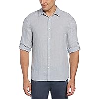 Perry Ellis Men's Linen Blend Tri-Color Stripe Roll Sleeve Button-Down Shirt