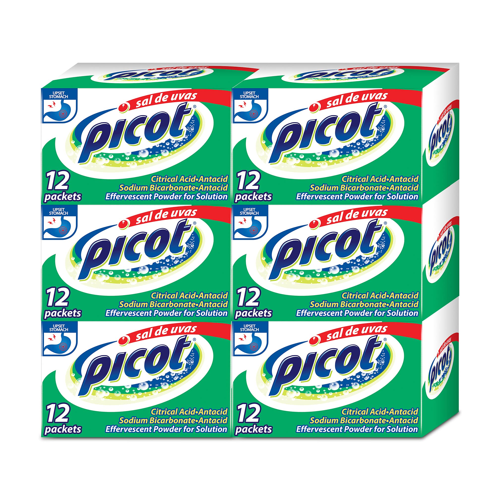 Sal de Uvas PIcot, Effervescent Powder Solution, Antacid, 0.17 Oz, 6-Pack of 12 Packets, 6 Boxes