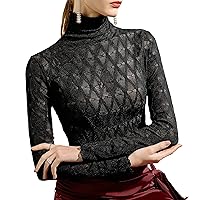 High Neck Plaid Lace Tops for Women, Casual Semi Sheer Long Sleeve Patchwork Stretchy Soft Shirts Elegant Work Blouses