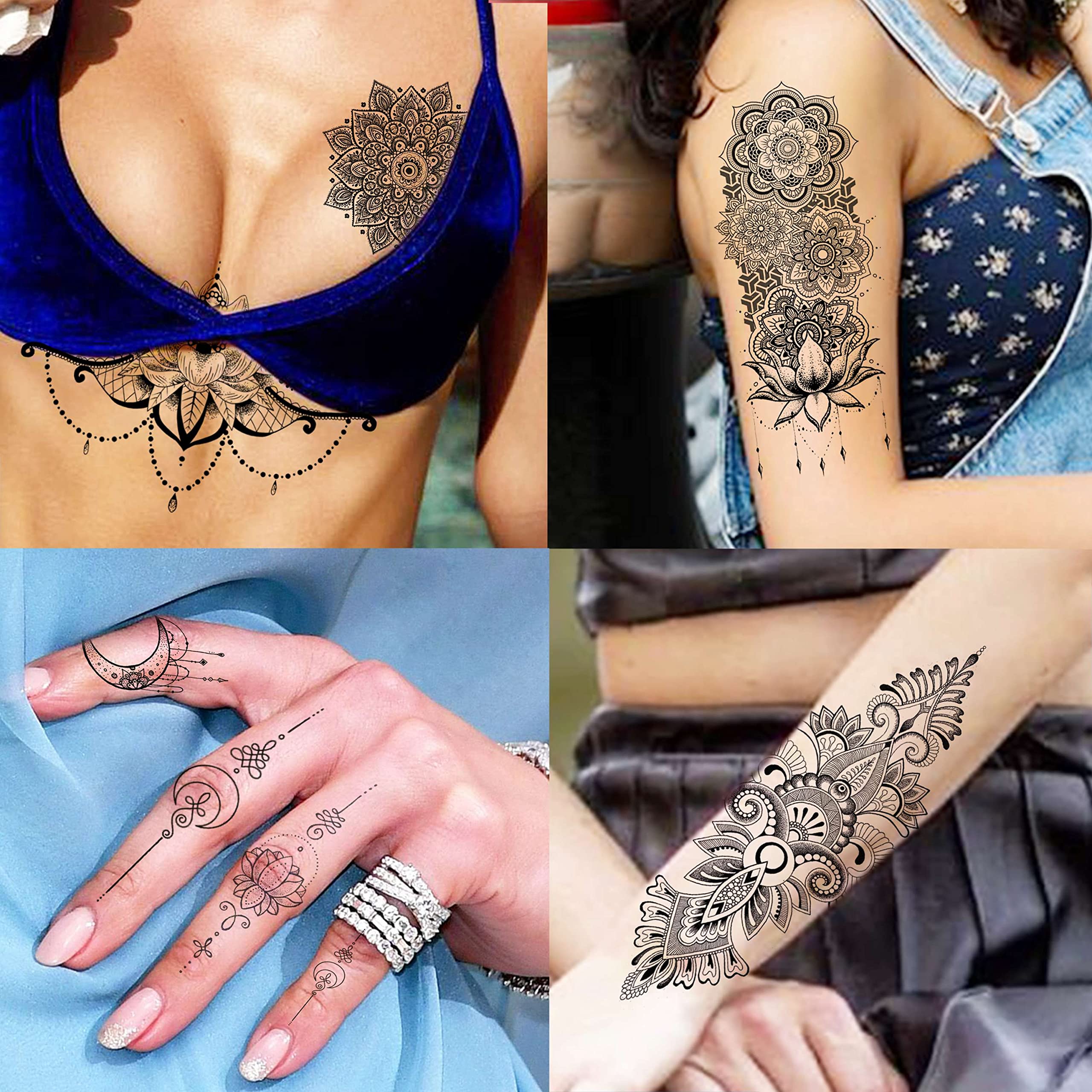 COKTAK 6 Pieces/Lot Unique Black Henna Temporary Tattoo Stickers For Adults Women Girls Feather Mandala Flower Body Art Large Big Arm Tattoos Sheet Lace Indian Mehndi Sexy Wedding Tatoos OWL