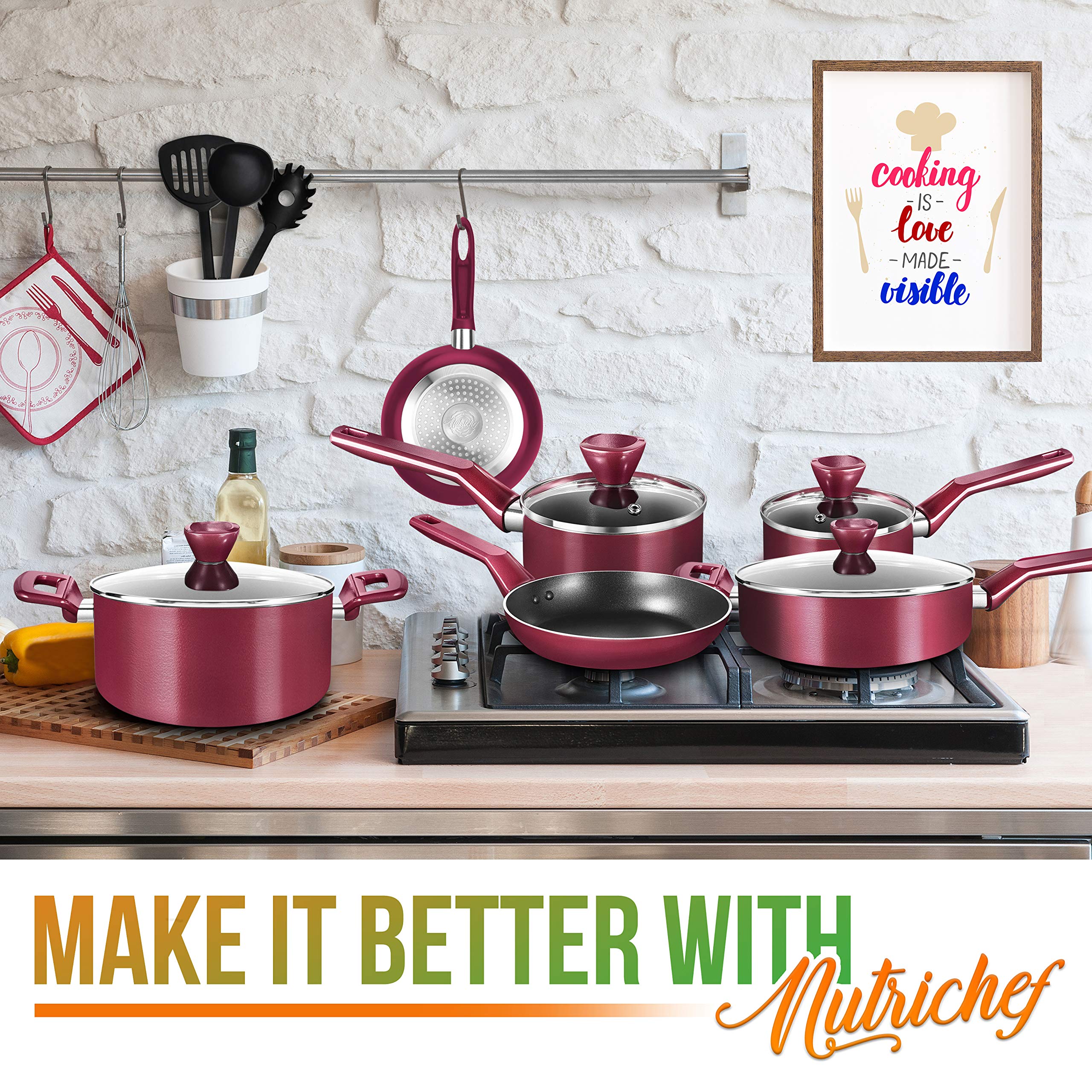 NutriChef 13 Pcs. Nonstick Kitchen Cookware PTFE/PFOA/PFOS-Free Heat Resistant Kitchenware Set w/Saucepan, Frying Pans, Cooking Pots, Casserole, Lids, & Utensils, Red NCCWA13RD