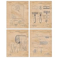 Vintage Unisex Bathroom Humor Patent Prints, 4 (8x10) Unframed Photos, Wall Art Decor Gifts for Home Office Man Cave Garage School College Student Teacher Coach Interior Design Architect Builder Fan