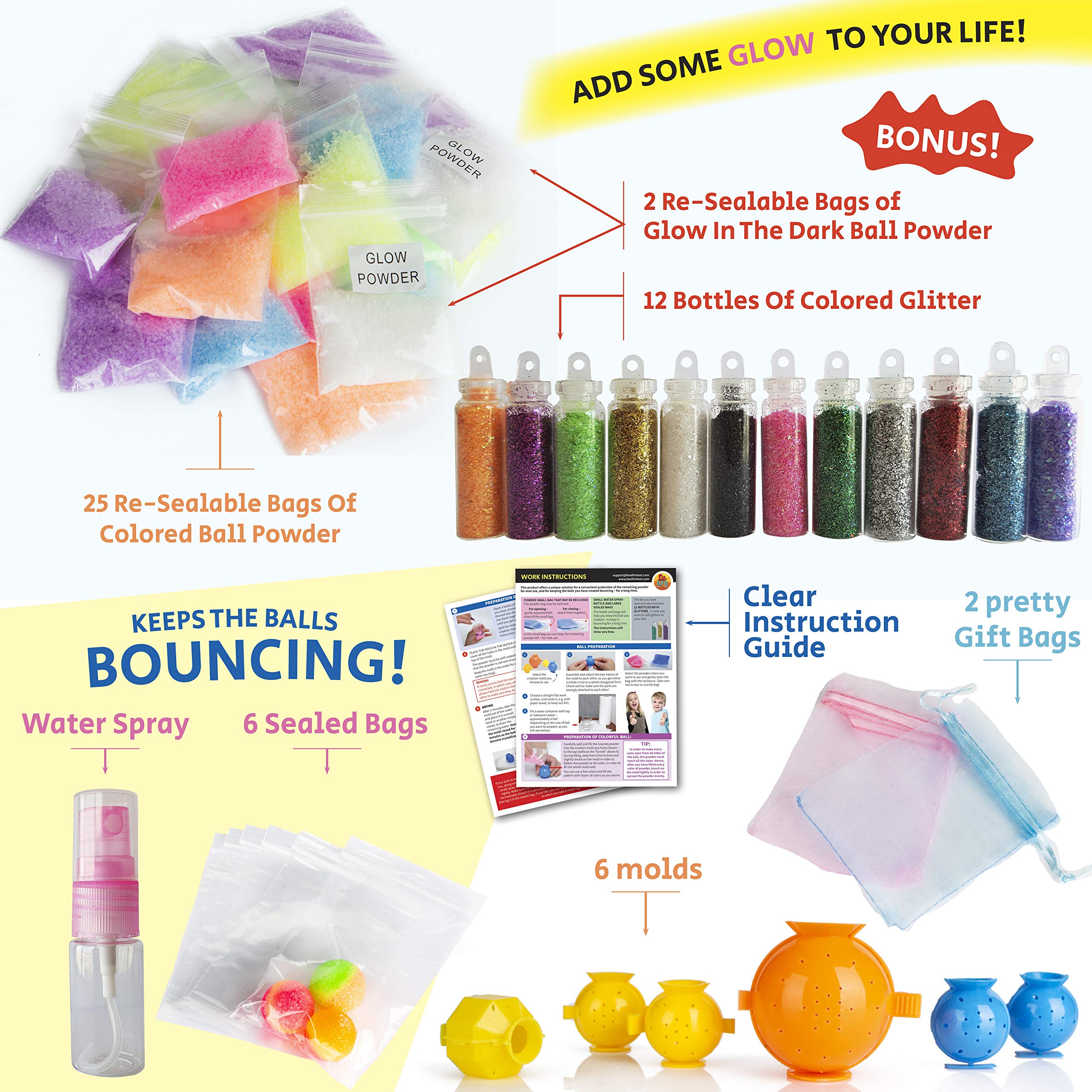 DIY Super Bouncy Balls Kit - Make Your Own Bouncy Balls, Crystal Power Kids Crafts Kits, Multi-Colored Glow in The Dark Powder, Molds, Glitter, Science Experiments for Kids 6-8 9 10 11 12 Years Old