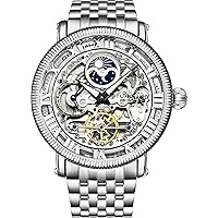 Stührling Original Men's Automatic Watch Skeleton Watch Analogue Dial Silver Accents Dual Time AM/PM Sun Moon Stainless Steel Bracelet 3922 Watches for Men Collection