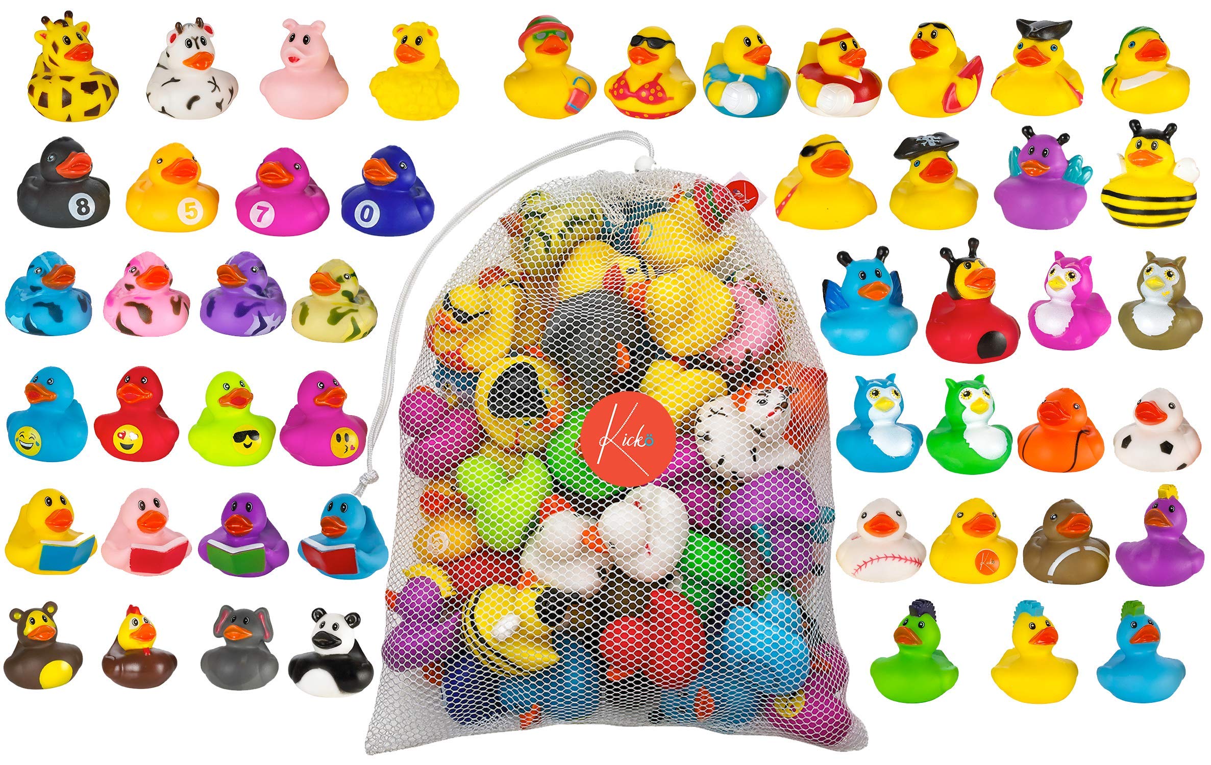 Kicko Assorted Rubber Ducks - 50 Pack - 2 Inches - for Kids, Sensory Play, Stress Relief, Novelty, Stocking Stuffers, Classroom Prizes, Decorations, Supplies, Holidays, Pinata Filler, and Rewards