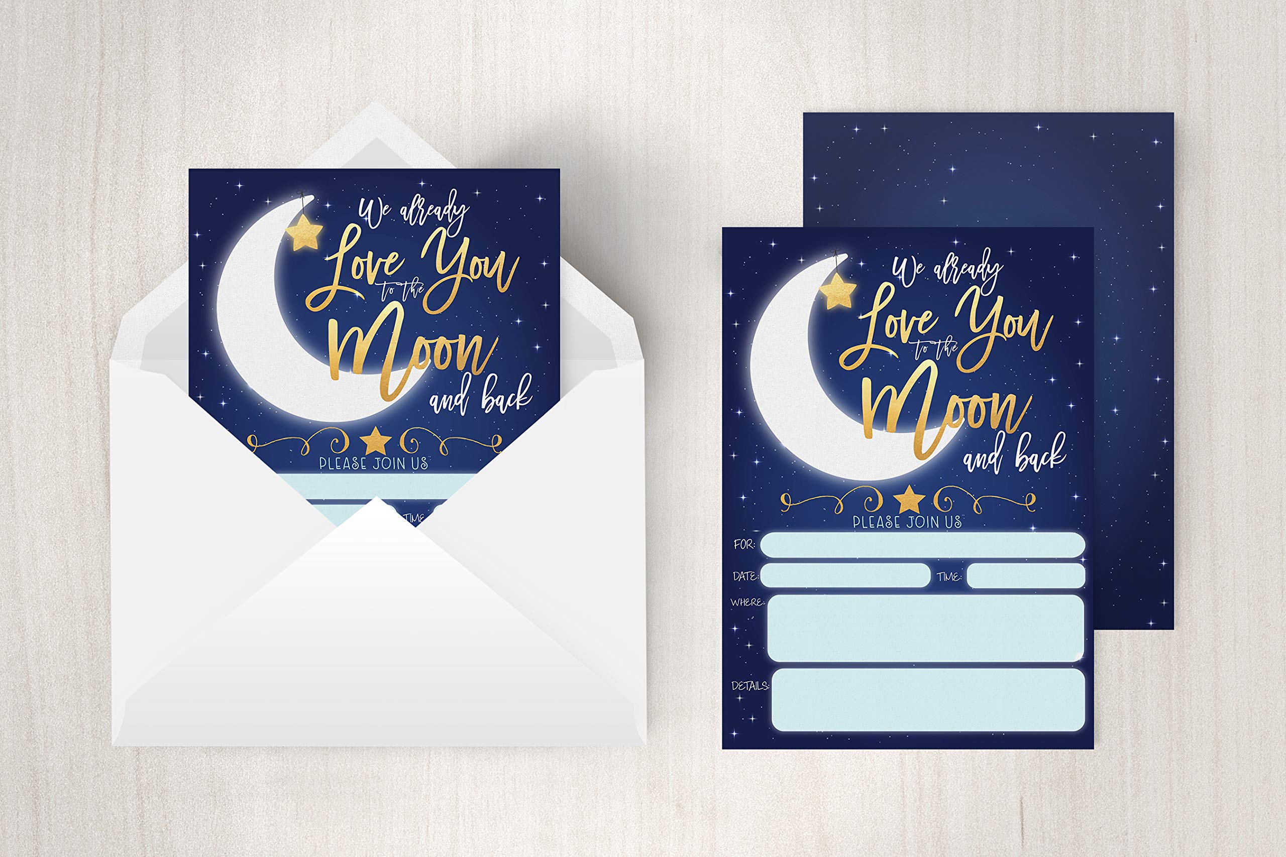 Your Main Event Prints Baby Shower Invitations with Book Request and Diaper Raffle Card, Love You To The Moon and Back, Twinkle Star Baby Sprinkle, 20 Fill in Invites and Envelopes