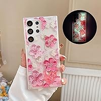 Compatible with Samsung Galaxy S24 Ultra Case Oil Painting Flower Case Glow in The Dark Liquid Fluorescent Floating Floral Case Women Girly Light up Case Soft TPU Luminous Phone Cover, Pink
