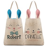 Set of 2, Personalized Easter Basket for Girls & Boys w Name, Blue or Pink Bunny Ears, 8 Designs, Customize Tote Bags with Handle for Easter Eggs, Easter Gifts Bag for Kids, Personalized Candy Basket