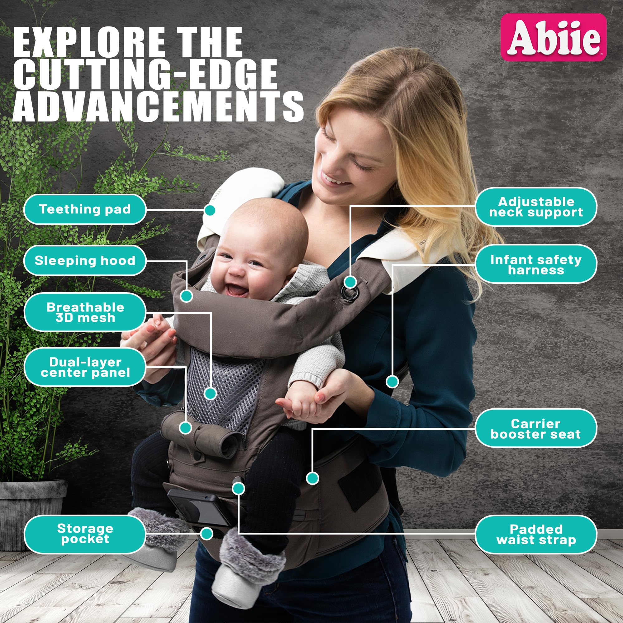 Abiie HUGGS Baby Carrier with Hip Seat, 3 Months to Toddler, Approved by U.S. Safety Standards - Healthy Sitting Position (M-Position) - Front Facing, Hip Hugger, Back Baby Carrier - 100% Cotton Grey