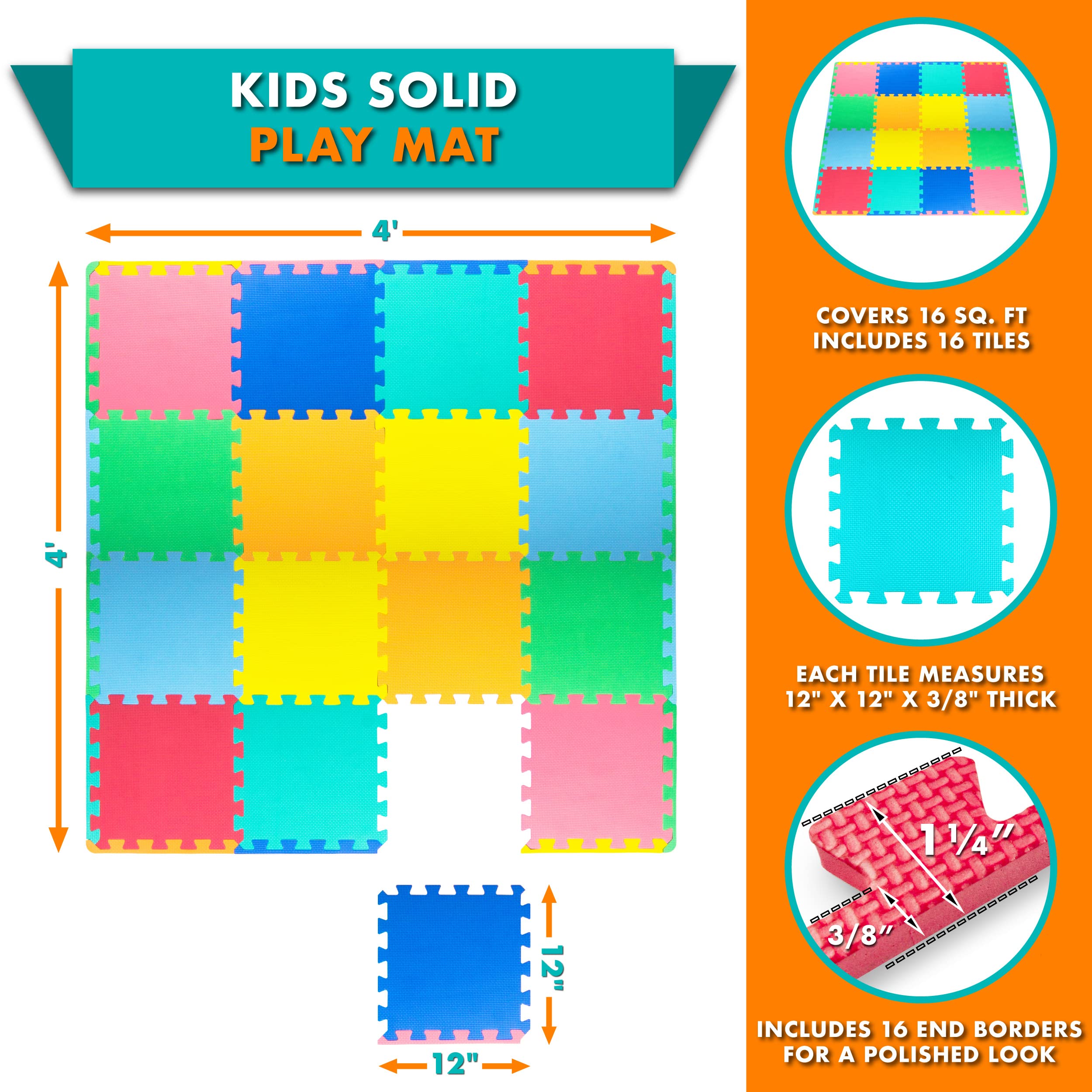 ProSource Kids Foam Puzzle Floor Play Mat with Solid Colors, 36 Tiles or 16 Tiles with Borders