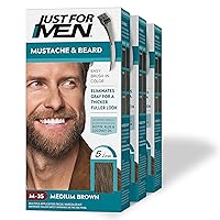 Just For Men Mustache & Beard, Beard Dye for Men with Brush Included for Easy Application, With Biotin Aloe and Coconut Oil for Healthy Facial Hair - Medium Brown, M-35, Pack of 3