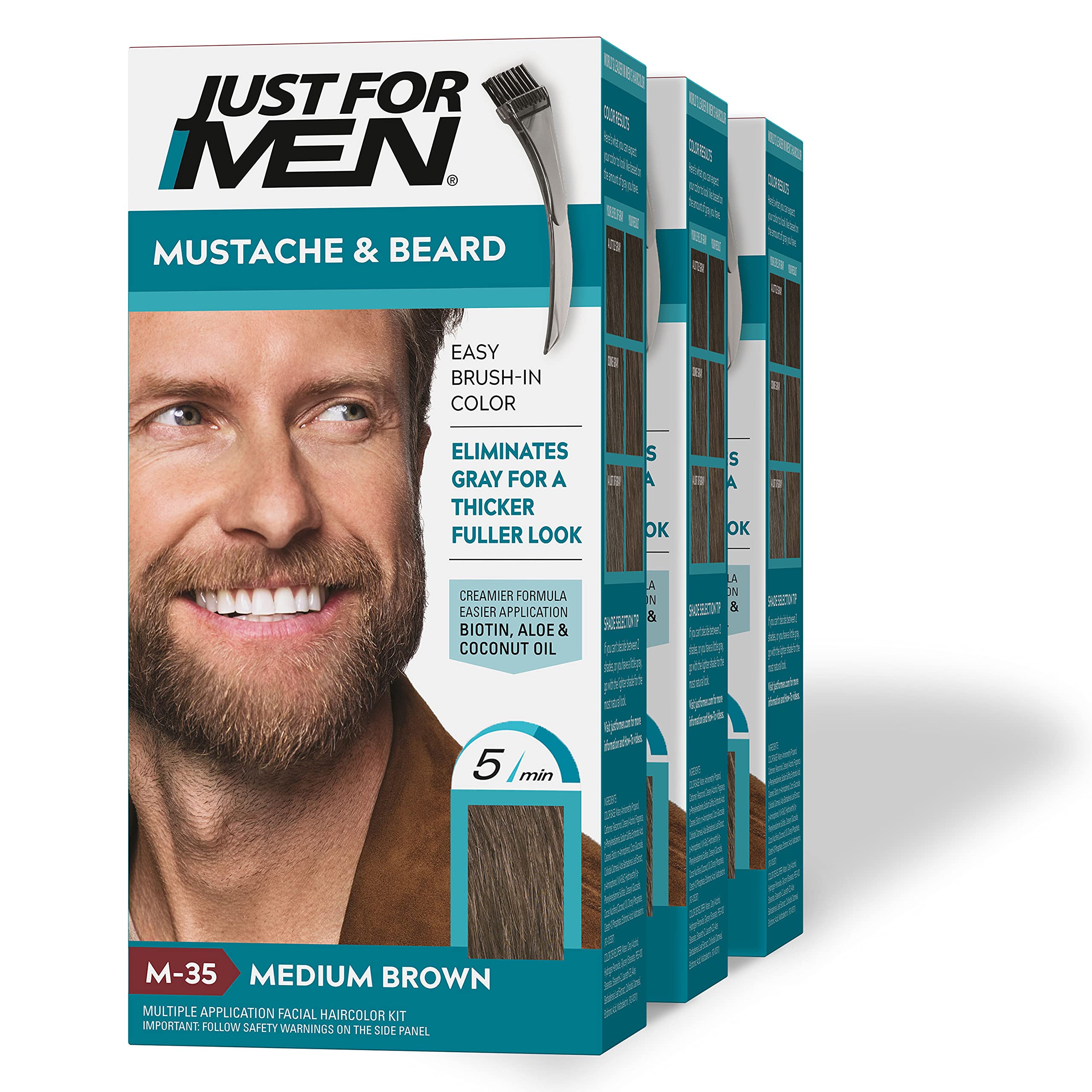 Just For Men Mustache & Beard, Beard Dye for Men with Brush Included for Easy Application, With Biotin Aloe and Coconut Oil for Healthy Facial Hair - Medium Brown, M-35, Pack of 3