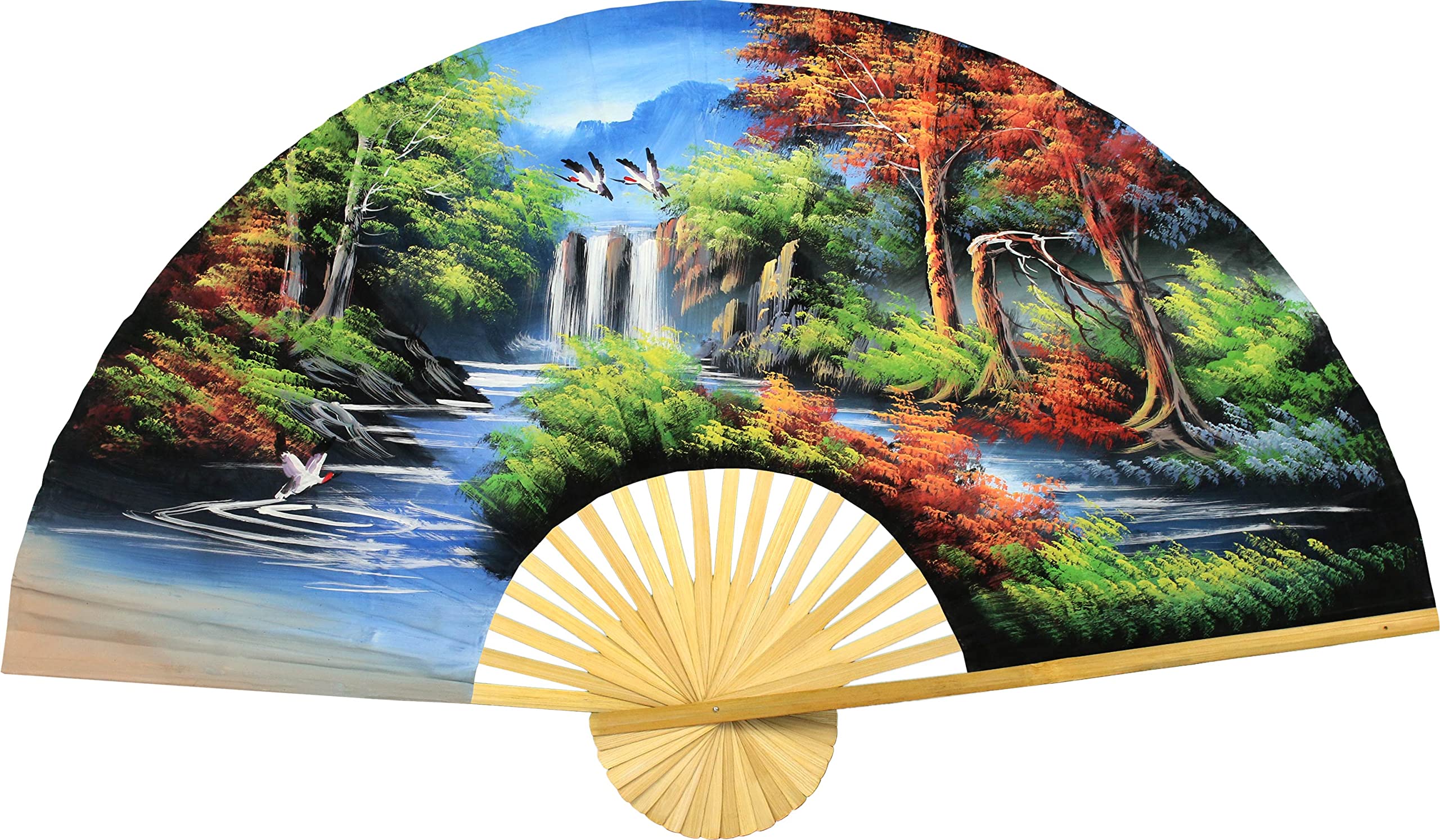Forest Landscape Giant Folding Wall Fan Hand-painted Decorative Wall Decor Art, Handmade Nature Themed Original Acrylic Painting on a Natural Bambo...
