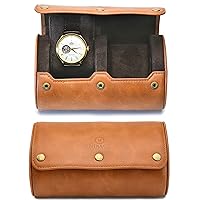 Brown Full Grain Leather Watch Roll Travel Case for Men - 2 Watch Case Storage Organizer and Display