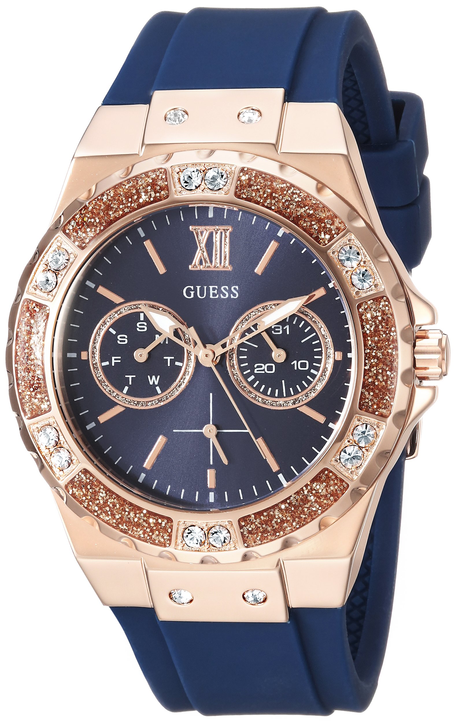 GUESS Women's Stainless Steel + Stain Resistant Silicone Watch with Day + Date Functions
