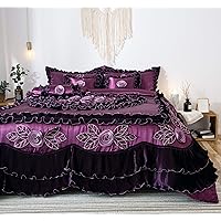Tache Satin Purple Floral Ruffle Victorian Glam Midnight Bloom 6 Piece Comforter Set, Queen