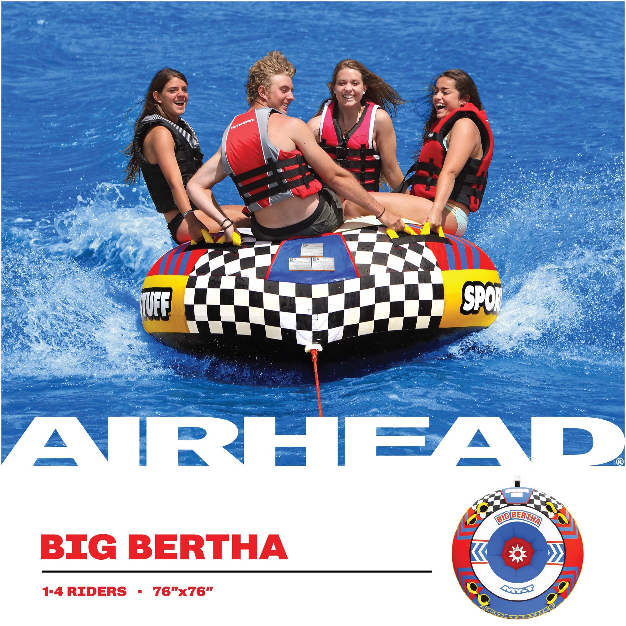 SportsStuff Big Bertha Towable 1-4 Rider Tube for Boating and Water Sports, Kwik-Connect Tow, Double-Stiched Partial Nylon Cover & Patented Speed Safety Valve for Easy Inflating & Deflating