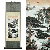 AtfArt Asian Wall Decor Beautiful Silk Scroll Painting Pine - The Pine Greeting Guests(Guest-Greeting Pine) Oriental Decor Chinese Art Wall Scroll Wall Hanging Painting Scroll (36.2 x 12 in)