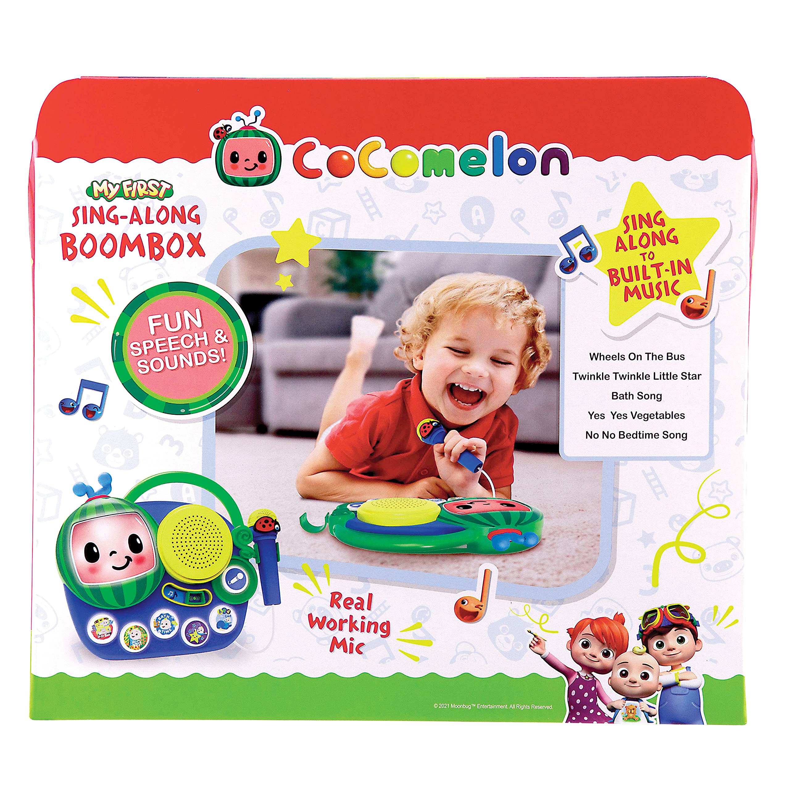 eKids Auxiliary Cocomelon Toy Singalong Boombox with Microphone for Toddlers, Built-in Music and Flashing Lights, Fans of Cocomelon Gifts