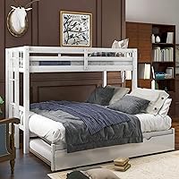 Twin Over Pull-Out Bunk Bed with Trundle, Bunked Wooden Twin Over Twin/Full/Queen/King, Accommodate 4 People Extendable Bunk Beds with Ladder and Safety Rail, White