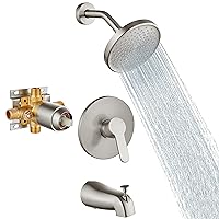 Aolemi Tub Shower Faucet Set With Valve Wall Mount Shower Trim Kit 6 Inch Bathtub Fixtures Pressure Balance Rough-in Valve Single-Spray Shower Head System 5.3 Inch Tub Spout Brushed Nickel Modern