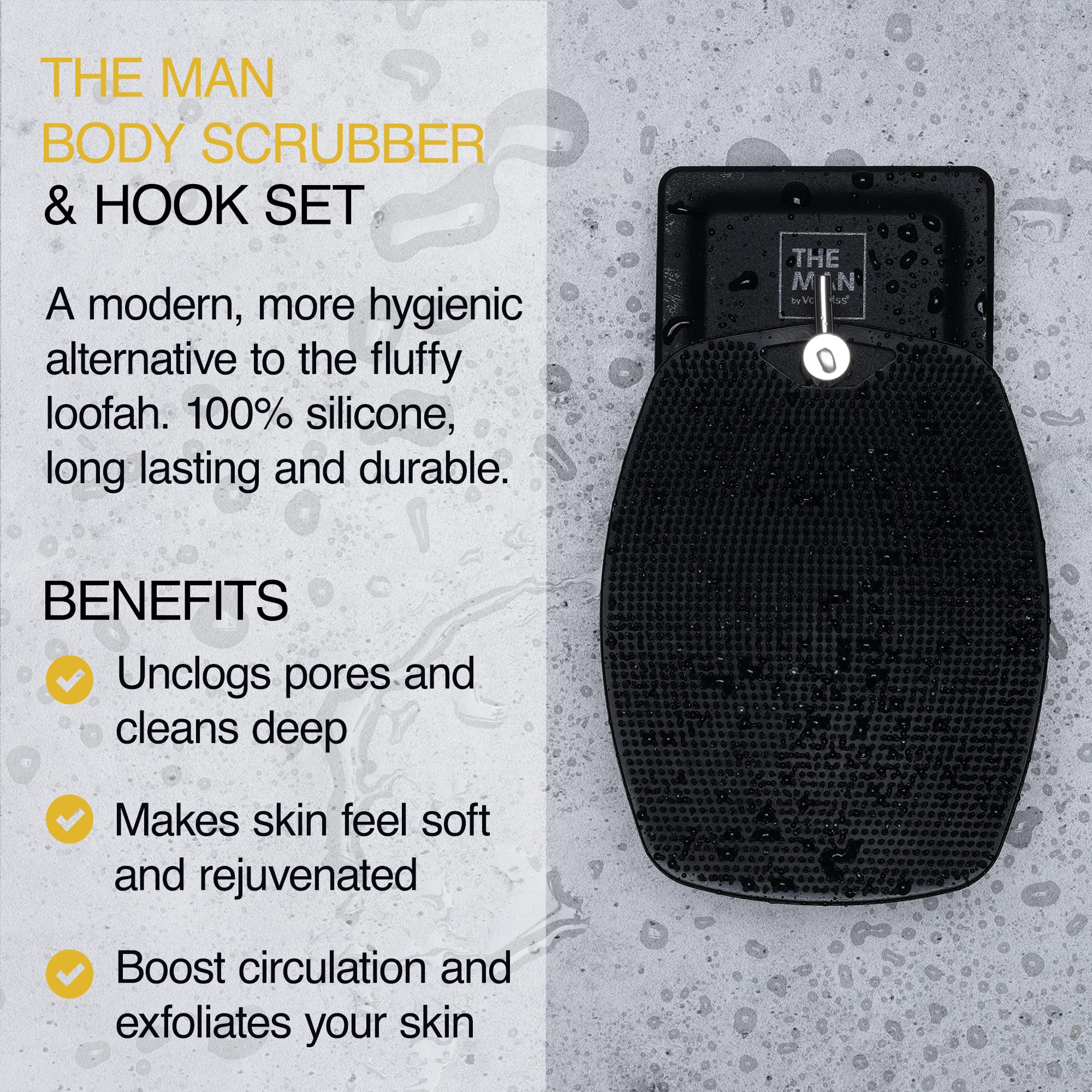 The Man Body Scrubber & Hook Set - Silicone Body Scrubber for Men - Shower Scrubber for Men Body - Hygienic & Easy to Clean - Invigorating Bristles & Non-Slip Handle - Bathroom Accessory (1 Set)