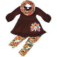 Boutique Clothing Girls Fall Colors Thanksgiving Turkey Day Top Leggings Scarf Outfit 3-pc Sets