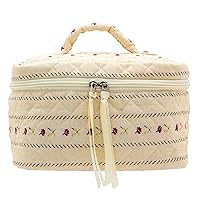 PAZIMIIK Cotton Makeup Bag for Women Large Quilted Travel Cosmetic Case Girls' Make Up Organizer,Little Flower Beige