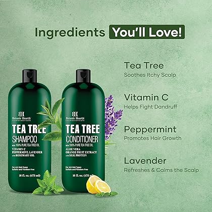 Botanic Hearth Shampoo and Conditioner Set - with 100% Pure Tea Tree Oil, for Itchy and Dry Scalp, Sulfate/ Paraben Free - for Men and Women - 16 fl oz each
