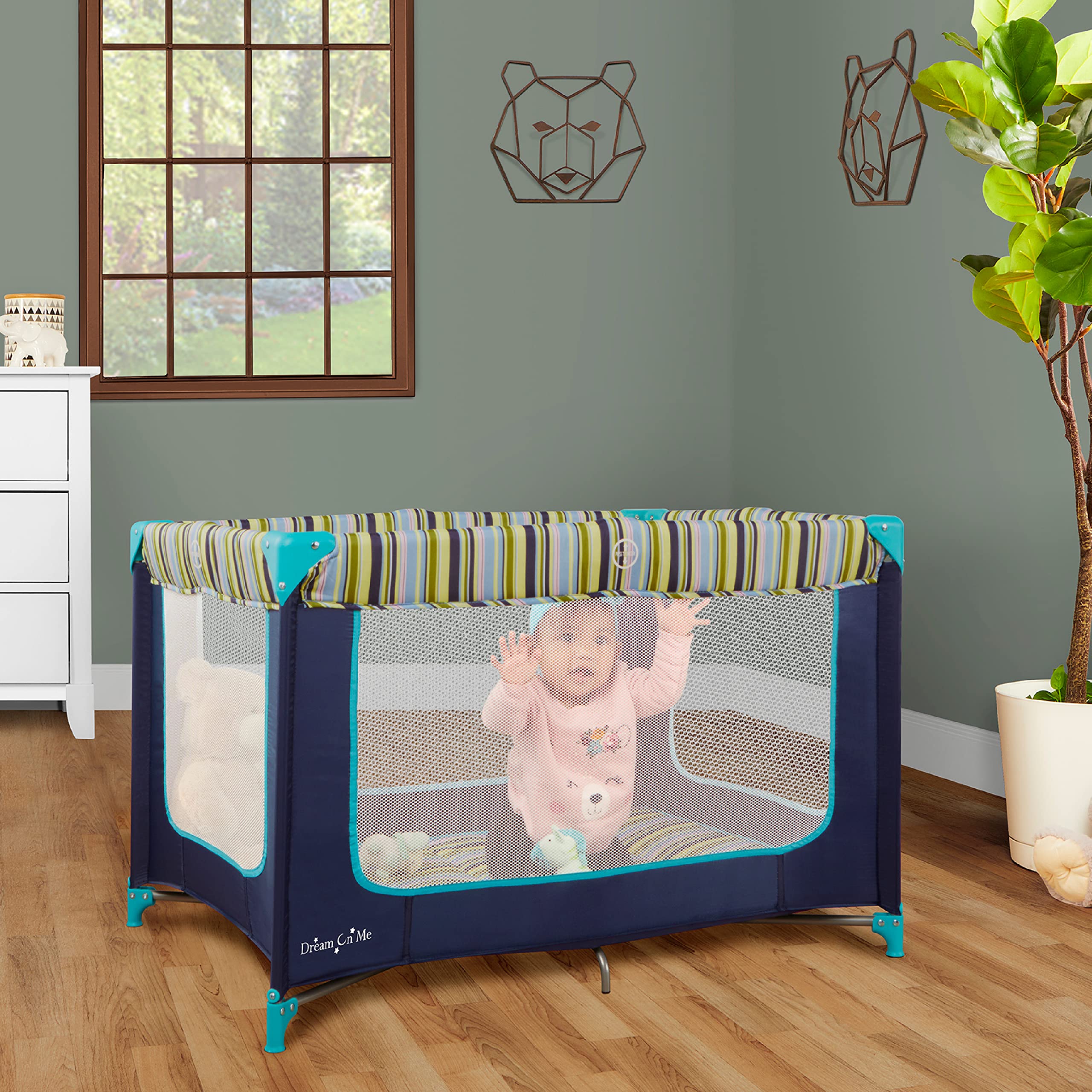 Dream On Me Zodiak Portable Playard in Navy, Lightweight, Packable and Easy Setup Baby Playard, Breathable Mesh Sides and Soft Fabric - Comes with a Removable Padded Mat