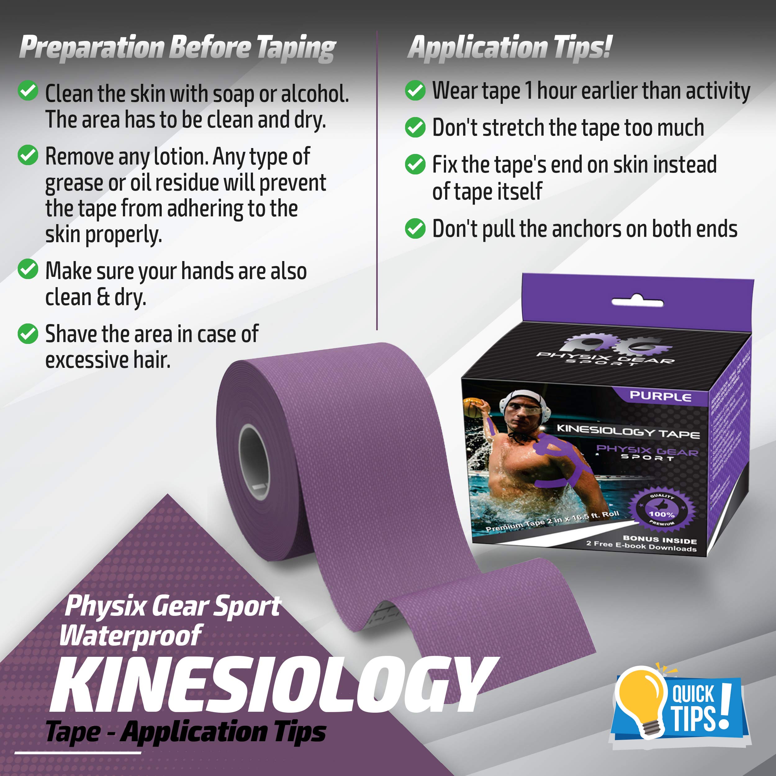 Physix Gear Sport Kinesiology Tape (2 Pack or 1 Pack), Best Waterproof Muscle Support Adhesive, 2in x 16.4ft Roll Uncut, Physio Therapeutic Aid for Injury Recovery