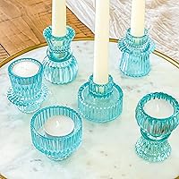 Vintage Ribbed Blue Glass Candlestick Holders, Pillar Candle, Tealight & Votive Candle Holders (Set of 6, 3 Assorted Sizes), Dining Table Decor, Shelf Decor, Centerpiece
