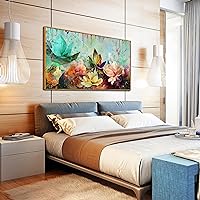 Flower Wall Art for Living Room, Framed Floral Canvas Wall-Art for Bedroom, Watercolor Lotus Print Painting, Size 40x20 Inches