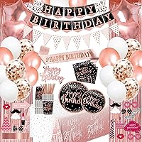 birthday decorations for women rose gold - (Total 170pcs) happy birthday Supplies for women, Balloons,tablecloth,Foil Backdrops,Plates,Cups,Photo Props,Sash,Tableware for 24 Guests