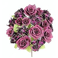 18 Stems Artificial Full Blooming Rose & Hydrangea with Greenery for Home, Wedding, Restaurant & Office Decoration Arrangement, Eggplant