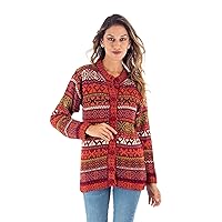 NOVICA Artisan Handmade Alpaca Blend Cardigan Cherry Red with Inca Motifs, Geometric and Striped Patterned Wool Clothing Sweater from Peru Trending Fashion 'Empire Memories in Garnet'