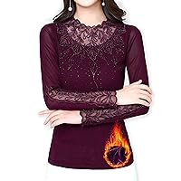 Women's Thermal Velvet Mesh Tops Long Sleeve Lace Rhinestone Floral Embroidered Chiffon Blouses Elegant Work Shirts