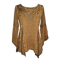 Agan Traders Round Neck Long Bell Sleeve Embroidered Tops Women Uneven Hem Ruffle Medieval Gothic Womens Blouse Tunic Top (US, Alpha, 2X, Plus, Regular, Old Gold)