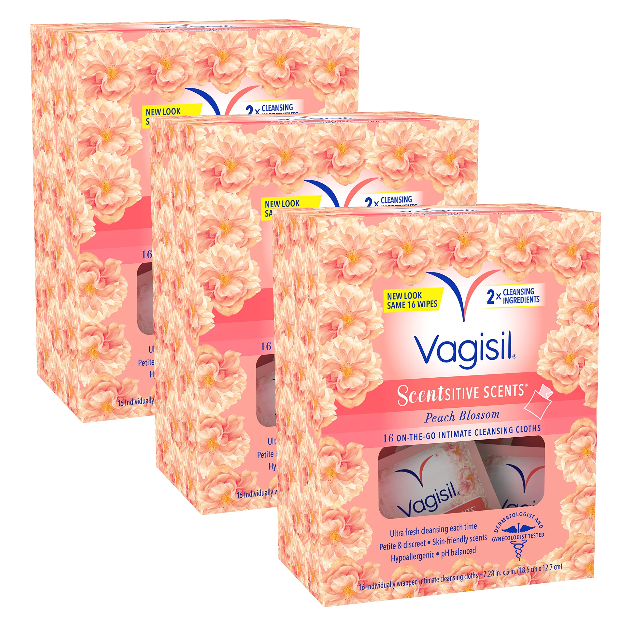 Vagisil Scentsitive Scents On-The-Go Feminine Cleansing Wipes, pH Balanced, Peach Blossom, Individually Wrapped, 16 Count (Pack of 3)