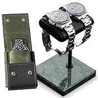 Leather Travel Watch Pouch + Watch Stand with Marble Base (Green)
